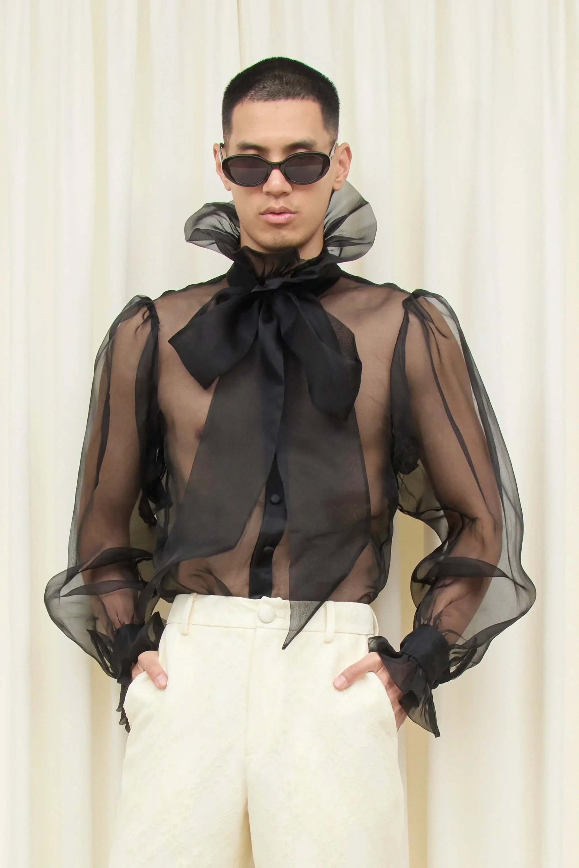 トップス meroir SHEER CHIFFON RIBBON BLOUSE Simone Sheer Organza Pussybow Blouse — Tanner Fletcher